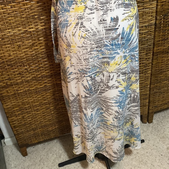 EUC H by Halston white yellow black blue leaf print wrap hi/low maxi dress - Picture 7 of 10